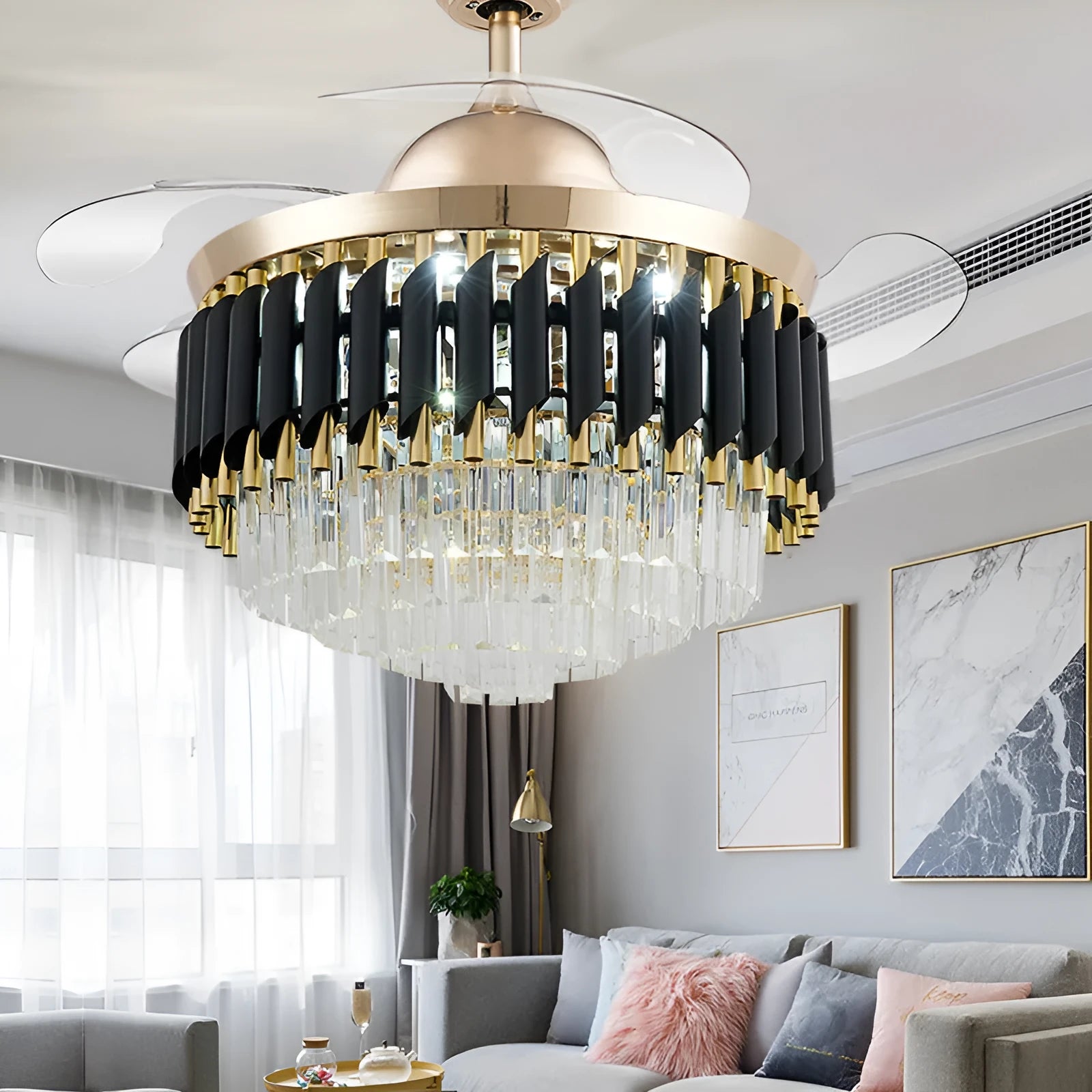 Crystal lampshade LED ceiling fan light with remote control on a white ceiling.