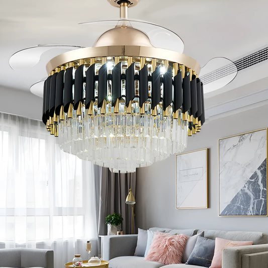 Crystal lampshade LED ceiling fan light with remote control on a white ceiling.