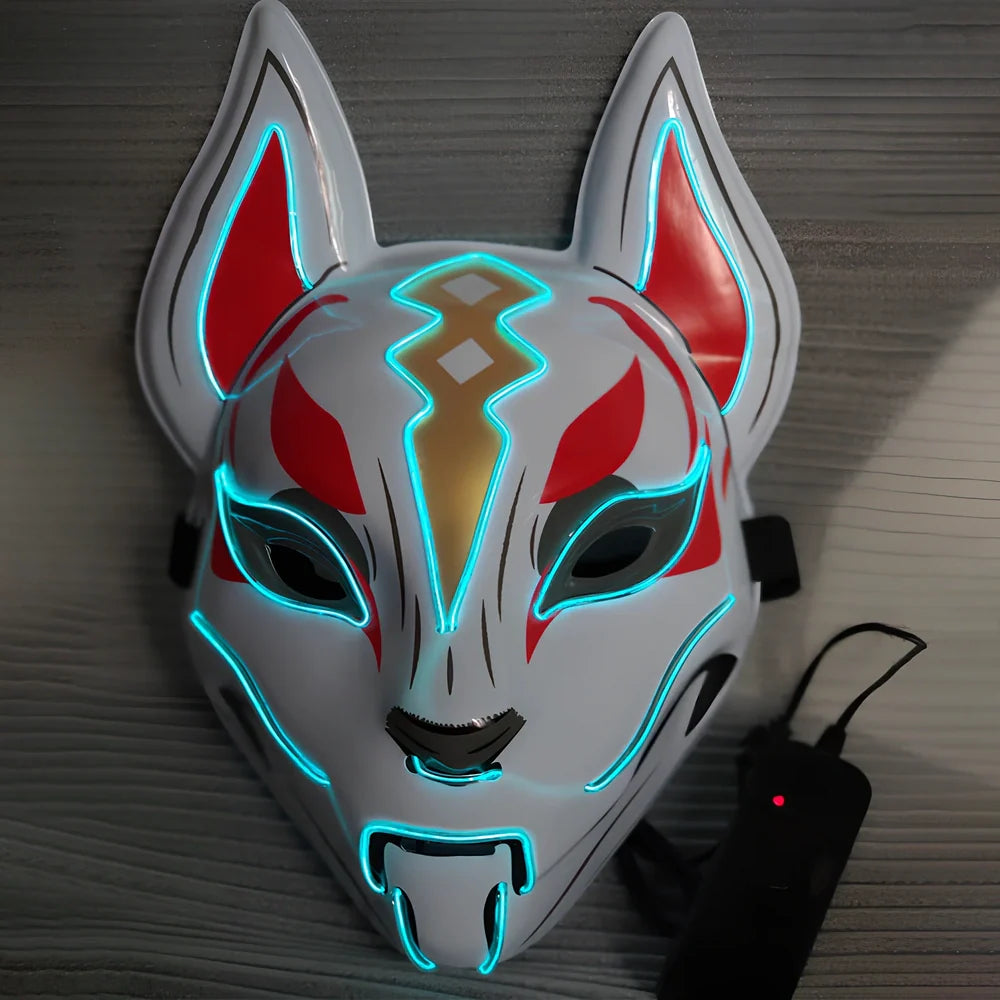 Glowing blue cat face mask with LED illumination measuring 28cm by 18cm for cosplay and Halloween events