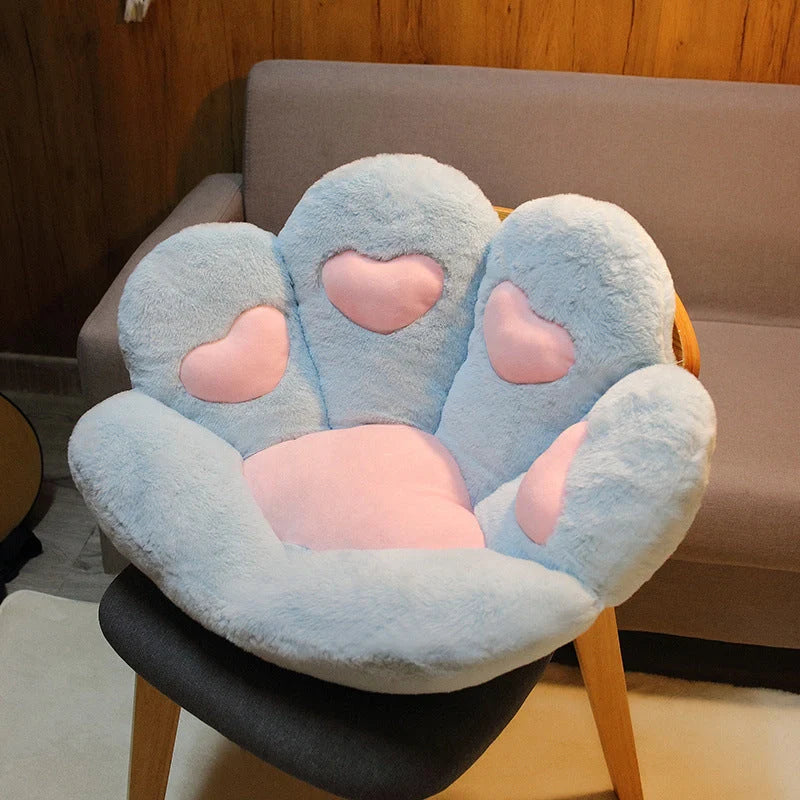 Cat paw plush chair cushion in various colors, soft cotton cover, fiber filling, home decor