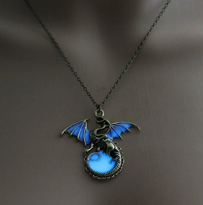 Glowing Vintage Flying Dragon Necklace with luminous pendant in ancient bronze and silver plating options