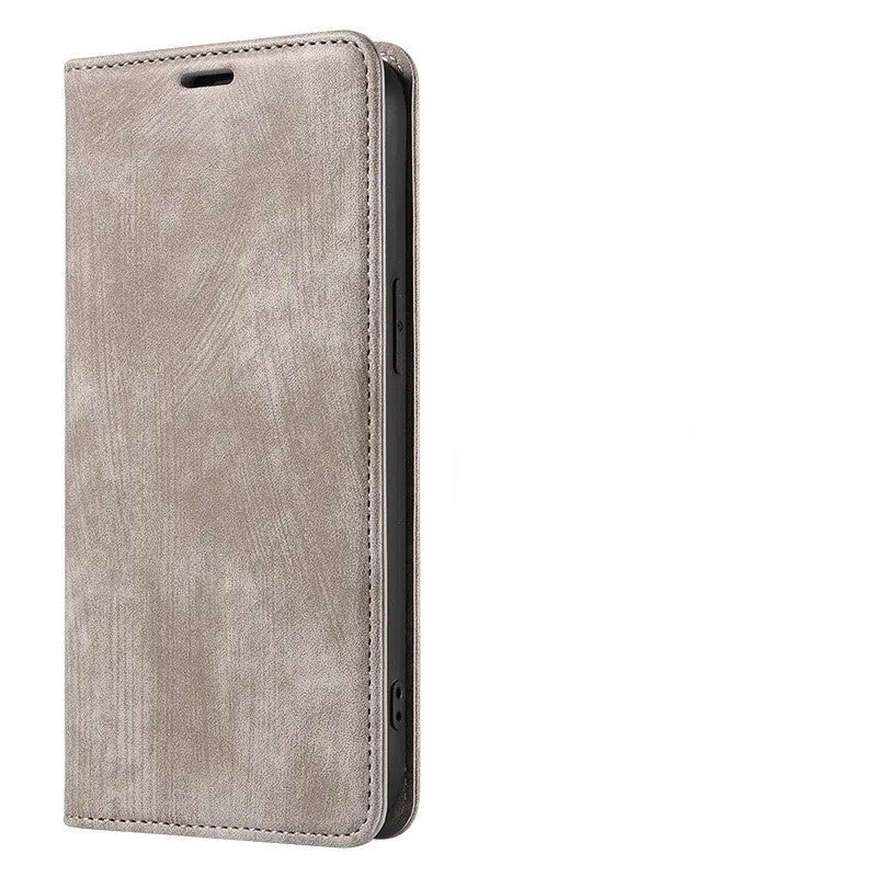 Magnetic flip phone case in grey with leather finish, showing card storage compartment and slim 2mm profile for iPhone.