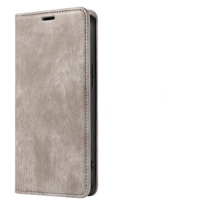 Magnetic flip phone case in grey with leather finish, showing card storage compartment and slim 2mm profile for iPhone.