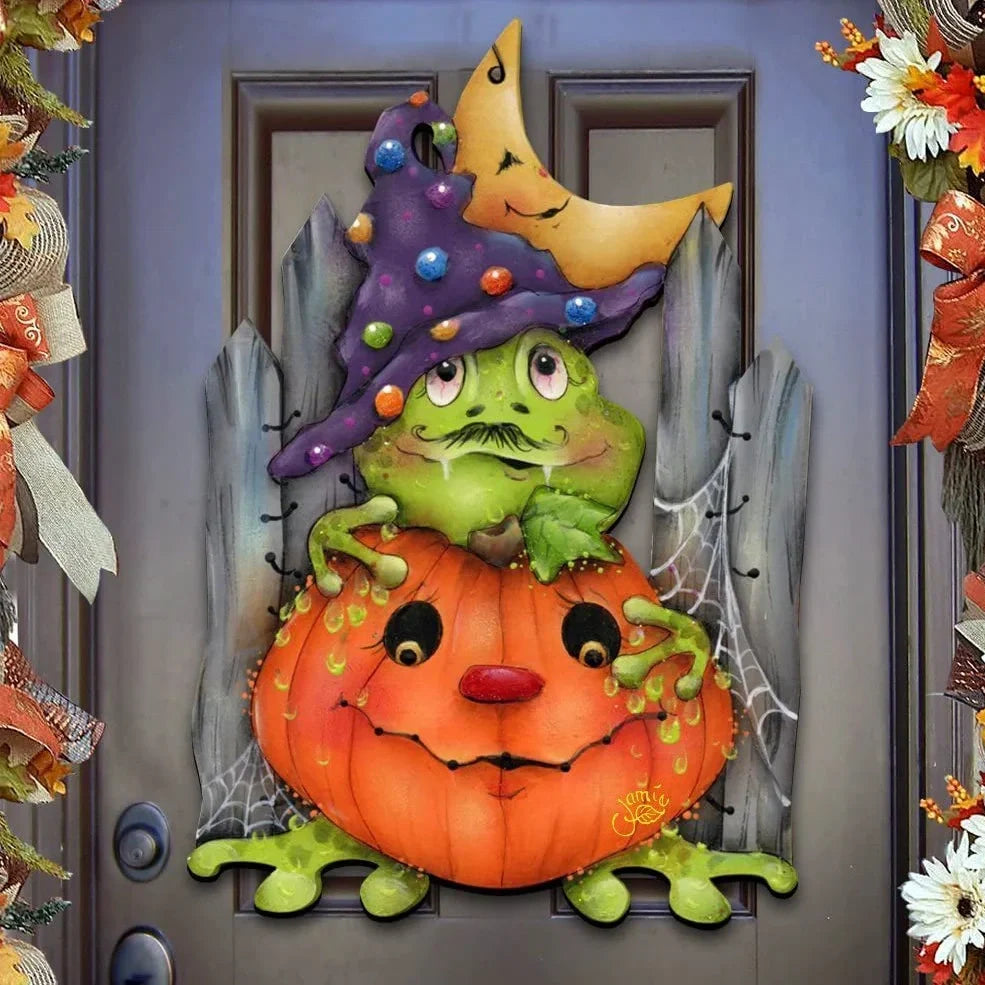 Yellow UV-printed wooden Halloween decoration for home, stable wood base with vibrant colour