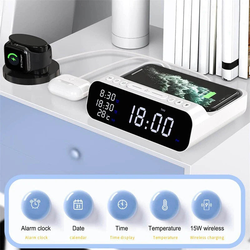 15W Three-in-One Wireless Charger with Alarm Clock and Temperature Tester in black and white