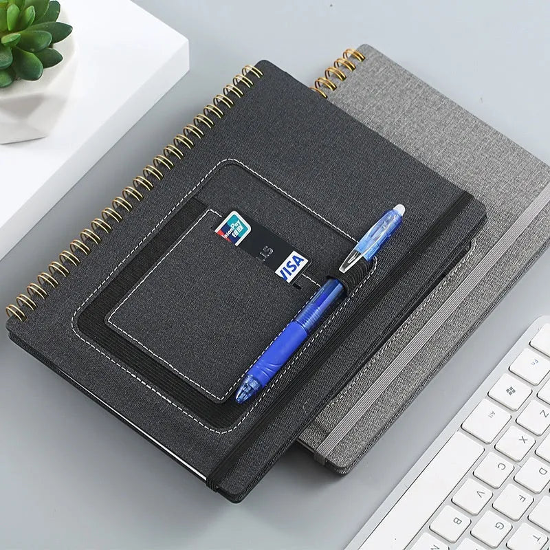 Coil-bound erasable notebook with stone paper pages and multiple cover colour options