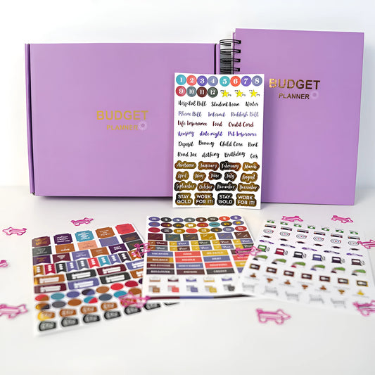 Purple A5 financial planning notebook with coil binding, showing monthly budget layout and included pen with stickers