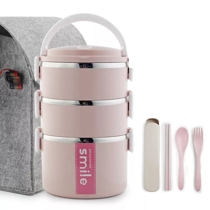 Stainless steel lunch box with built-in spoon, leak-proof design, available in green, pink, and blue