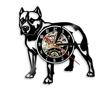 30cm vinyl record wall clock with dog breed designs, silent quartz movement, and pre-installed hook