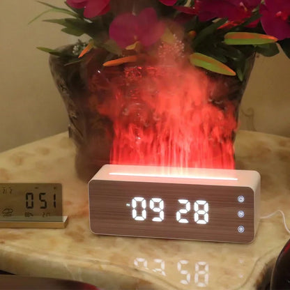 White flame-shaped humidifier with clock display measuring 28cm wide on desktop