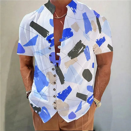 Youth wearing geometric floral print short sleeve cardigan shirt in chemical fibre blend fabric