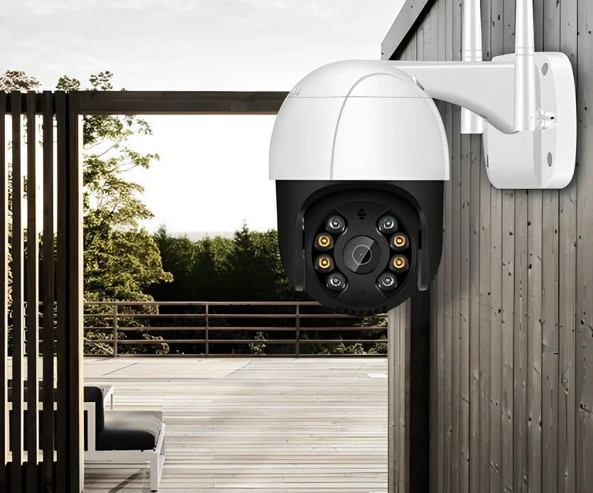 White wireless PTZ surveillance camera with dual antennas and rotational base for 270-degree coverage