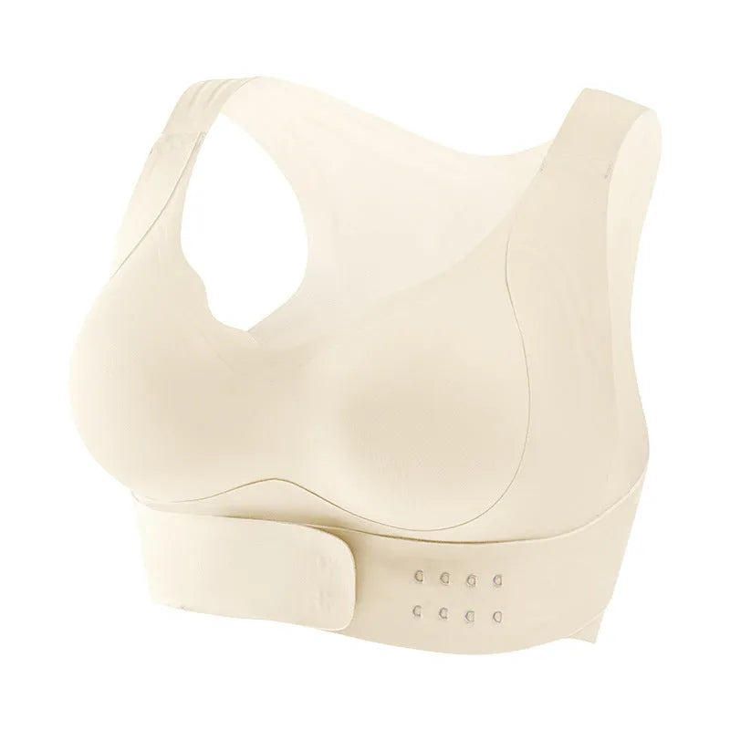 Women's front buckle yoga bra in black, showing back shaping design and fixed double straps.