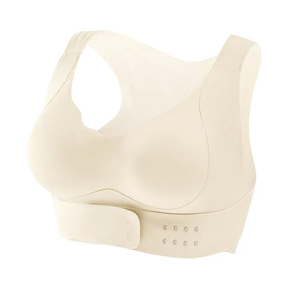 Women's front buckle yoga bra in black, showing back shaping design and fixed double straps.