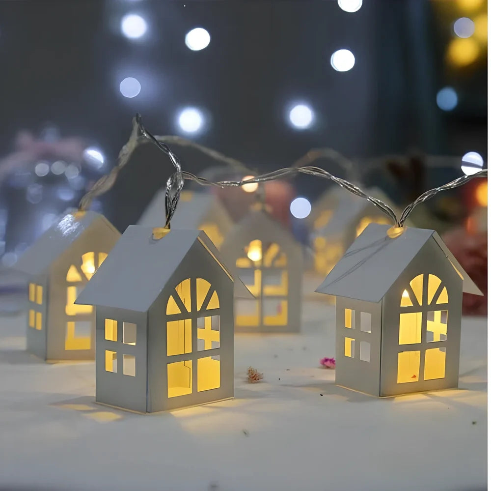 LED fairy light string with 10 wooden house designs on 2-metre cord for Christmas decoration