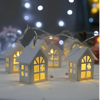 LED fairy light string with 10 wooden house designs on 2-metre cord for Christmas decoration