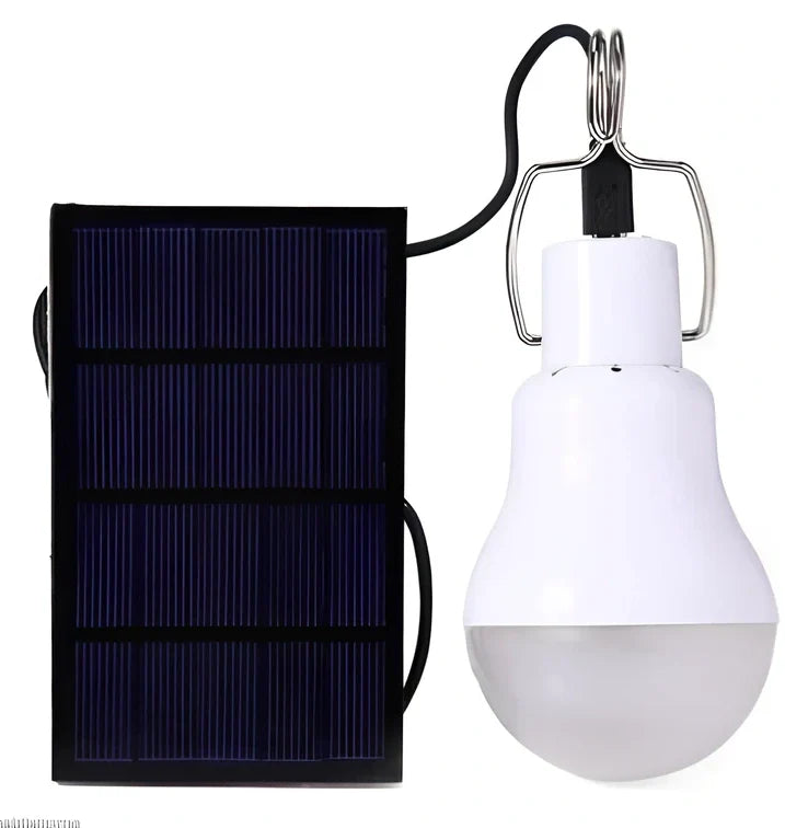 Solar LED bulb with 12cm polycarbonate housing and 8cm solar panel for outdoor lighting