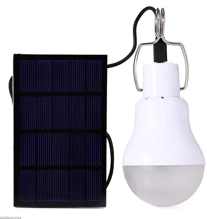 Solar LED bulb with 12cm polycarbonate housing and 8cm solar panel for outdoor lighting