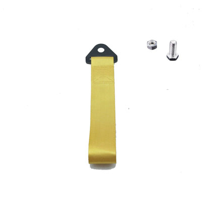 Red automotive trailer rope with bumper ribbon for vehicle towing
