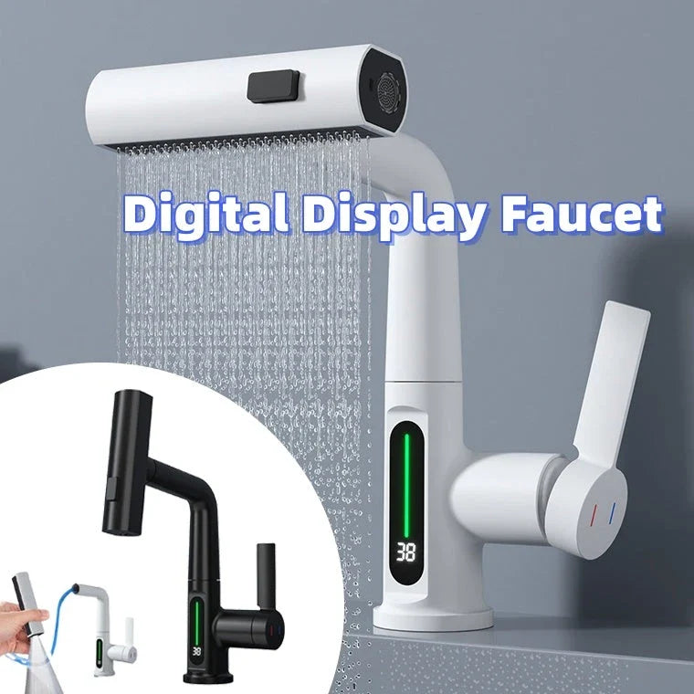 Smart Digital Display Pull-Out Faucet with Rotating Waterfall Spout