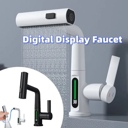 Modern digital display kitchen tap with pull-out spray hose showing LED temperature screen.