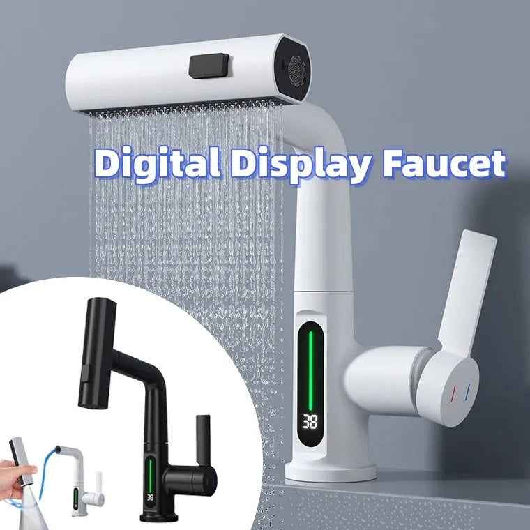 Digital Display Kitchen Tap with Intelligent Temperature Readout featuring Pull-Out Spray Hose, 360-Degree Rotation, and Copper Construction in Modern Black, Gun Grey, Silver, or White Finish with Optional Fahrenheit or Celsius Display