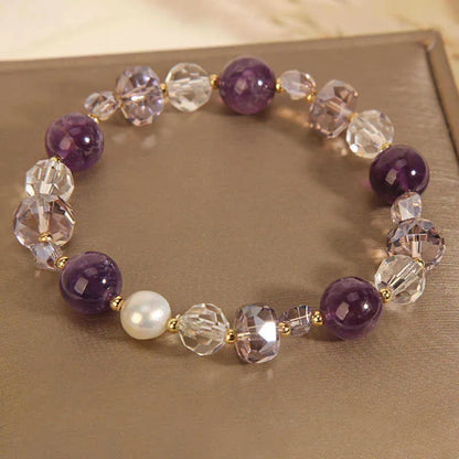 Artificial amethyst crystal bracelet with square amethyst circles and pearl four-leaf clover pendant on U-shaped electroplated band