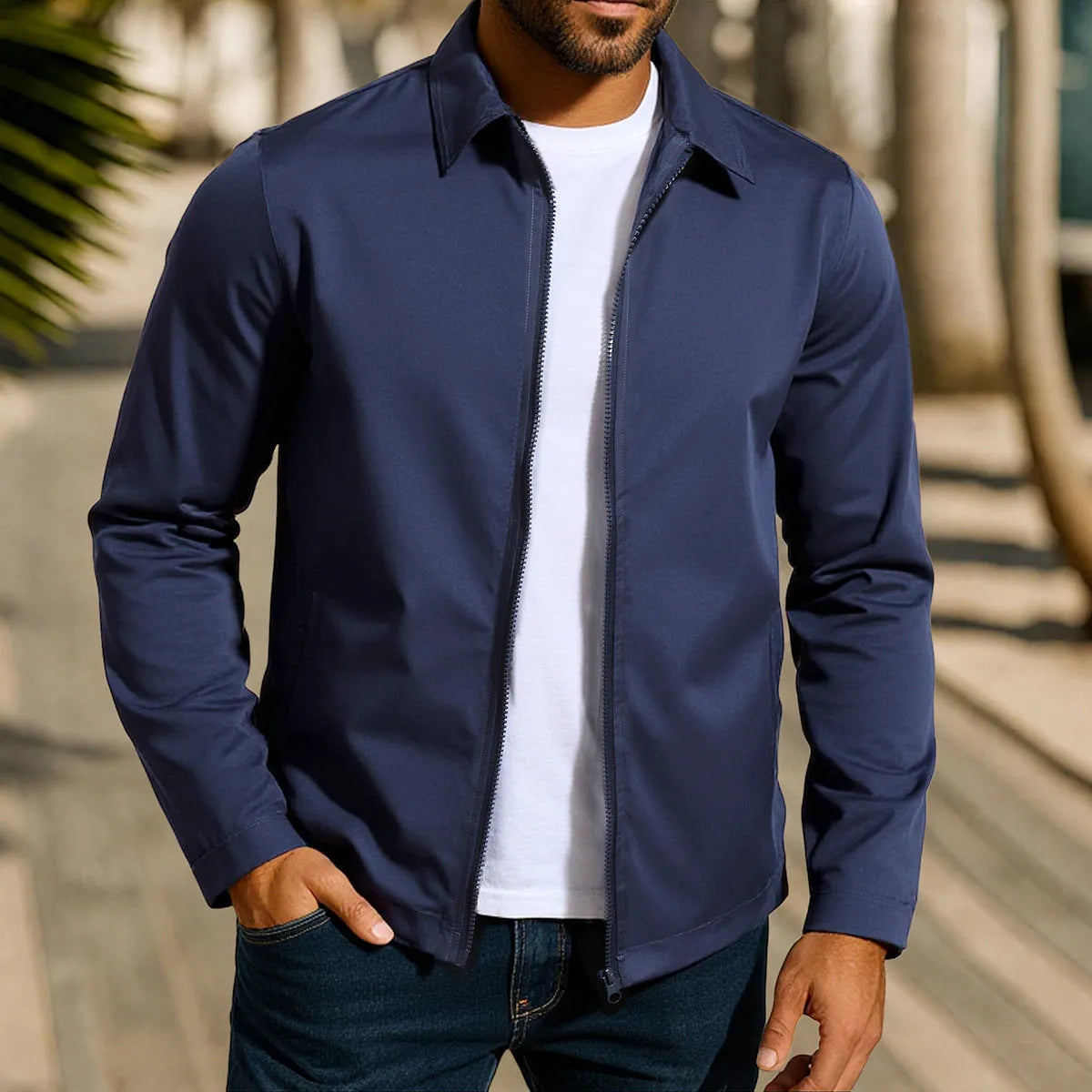 Men's green zipper cardigan jacket with raglan sleeves laid flat.
