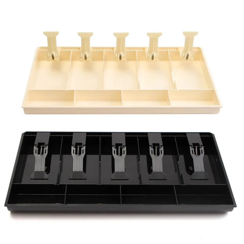 Black ABS plastic cash drawer box with a wallet design drawer for banknotes and coins.