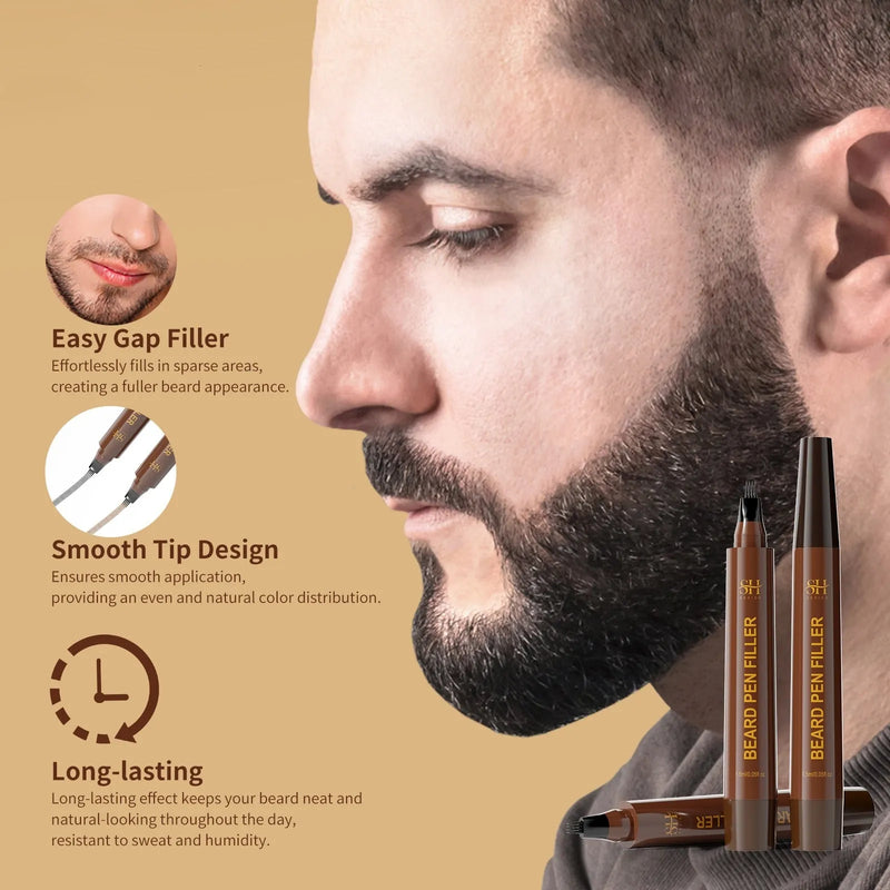 Men's beard and eyebrow filler pencil with sweatproof and waterproof formula for hairline, beard, and eyebrow filling in black or dark brown colour.