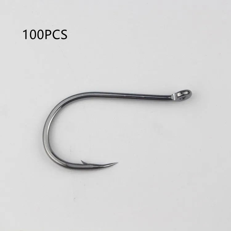 Bulk pack of alloy carbon steel sea fishing hooks with barbed crooked mouth design in various sizes.