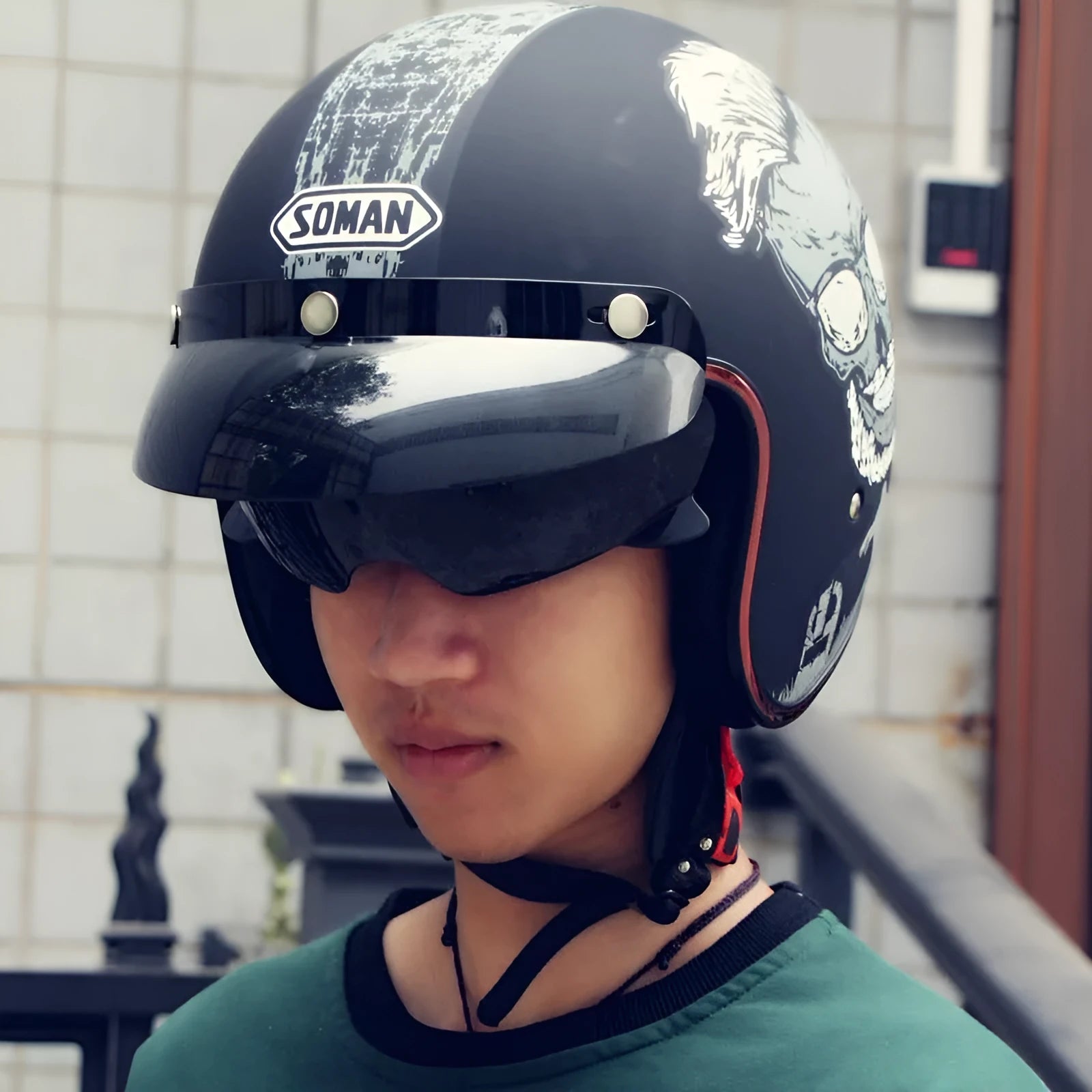 Retro-style motorcycle half helmet in ABS construction showing colour options and size range from S to XXL