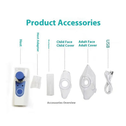 A white columnar handheld USB nebuliser spray machine with a single mist outlet on a table.