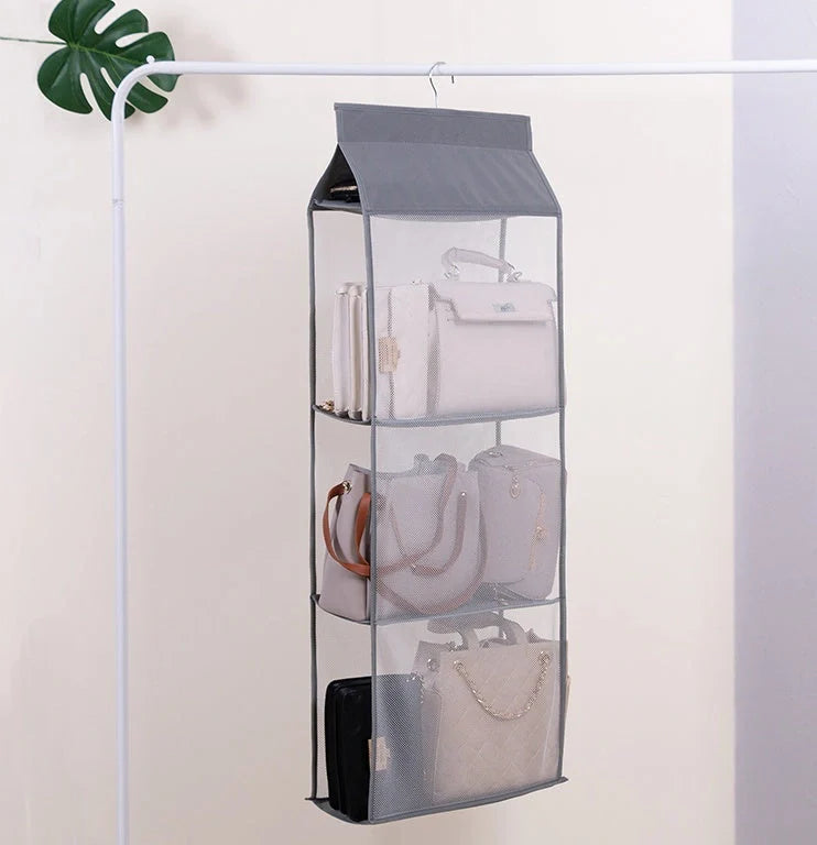 Foldable hanging multi-layer storage rack in grey and beige, perfect for organizing sundries