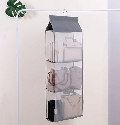 Foldable hanging multi-layer storage rack in grey and beige, perfect for organizing sundries