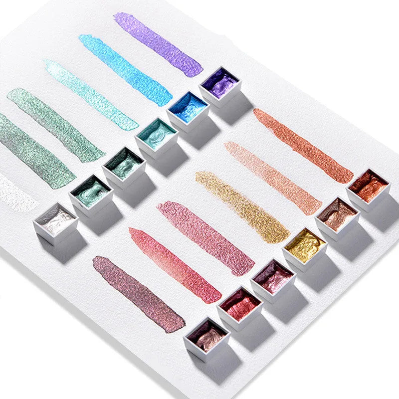 Solid watercolour pigment paint set in pearlescent metallic starlight gem pearl colours 6 or 12 colour palette block size 17mm x 20mm x 10mm for watercolour painting traditional Chinese painting illustration and nail art