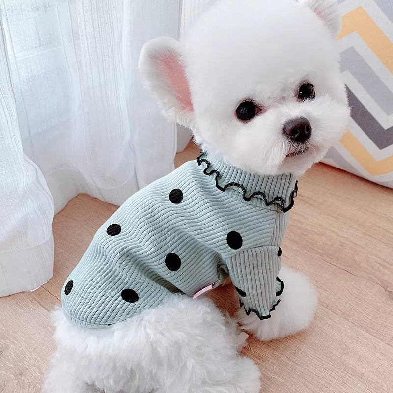 Polka dot turtleneck dog shirt in cotton, available in yellow, pink, and green