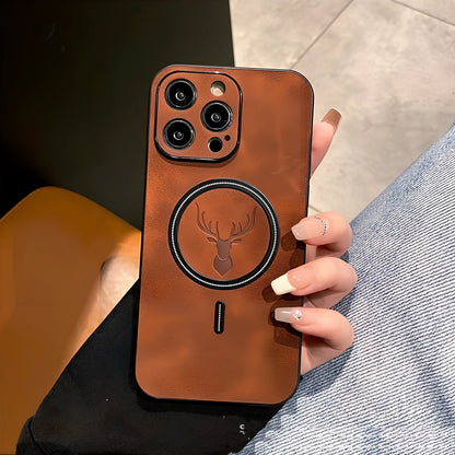 Elk magnetic suction phone case with cartoon design showing magnetic closure and imitation leather texture