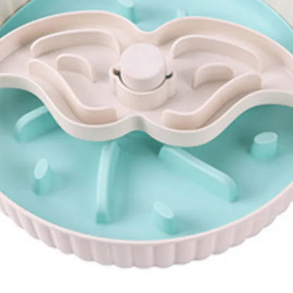 Pet food basin with rotating game board and textured silicone pad in multiple colour options including beige, blue, gray, green, and red