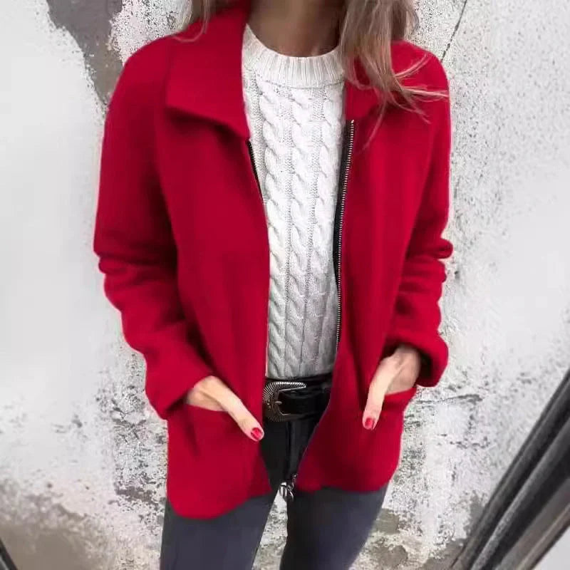 Stylish zippered jacket with pockets in various colors, perfect for fall and winter wear