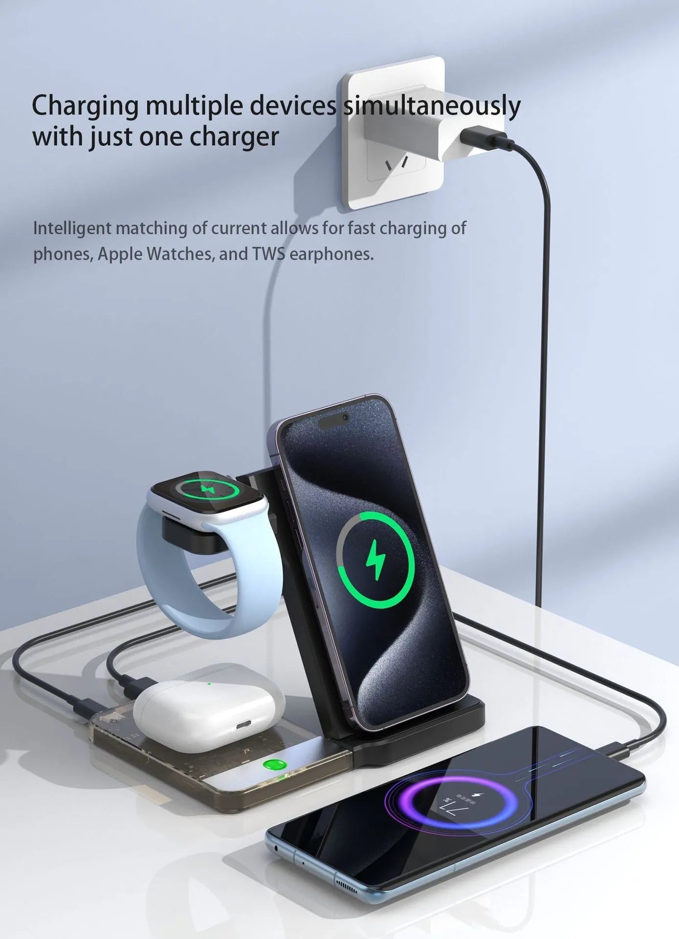 Black foldable three-in-one magnetic wireless charging stand for phone, watch and earphones on a desk.