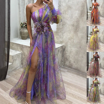 Mesh Tie-dye Printed Off-shoulder Slit Dress in vibrant colors for summer fashion