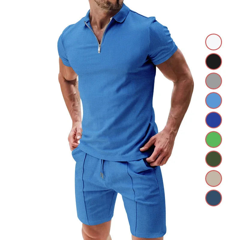 Men's waffle texture summer outfit set with zipper lapel top and drawstring shorts