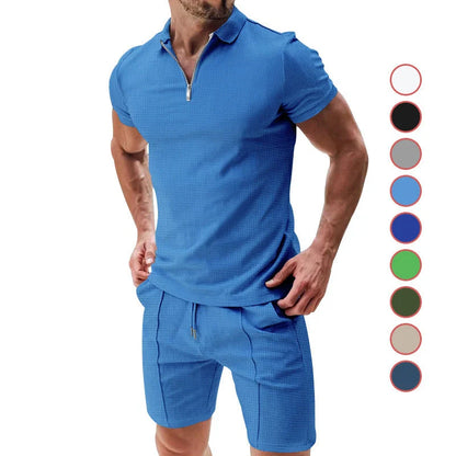 Men's waffle texture summer outfit set with zipper lapel top and drawstring shorts