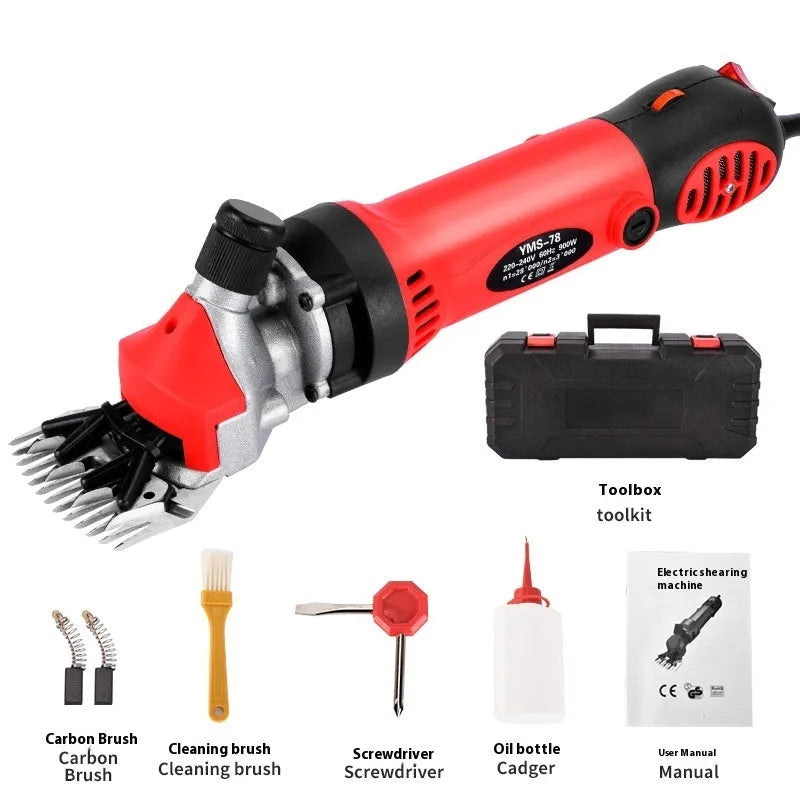Yellow electric wool shearing tool with 13-tooth blade, multiple blade sets, and maintenance accessories in plastic storage box