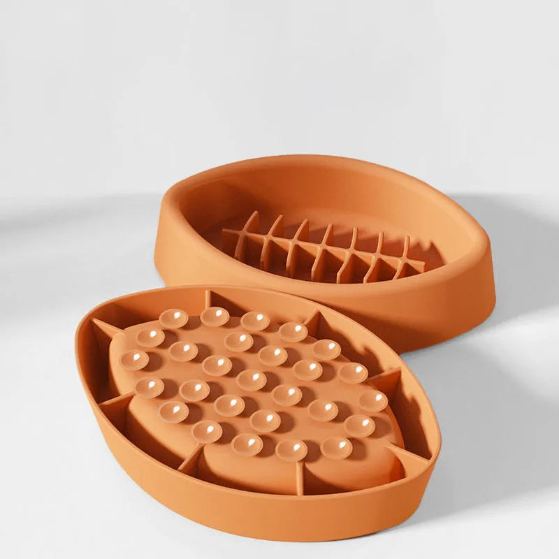 Silicone pet slow feed bowl for dogs and cats, food grade silicone slow food bowl with suction cup base for anti-slip anti-knock feeding, dishwasher safe, available in blue, grey, orange, and red colours