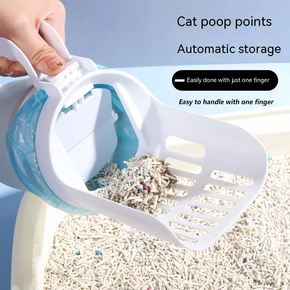 Grey cat litter scoop with attached waste collection bin and sheltered lid.