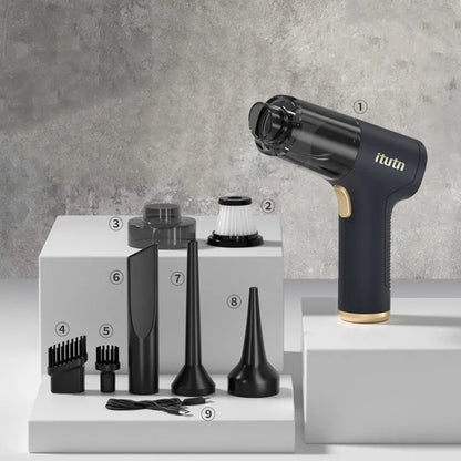 Black wireless vacuum cleaner with nozzles for car and home cleaning, 4500PA suction