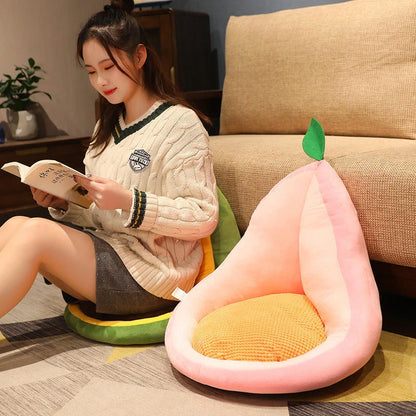 Adorable plush fruit-shaped pillows in various vibrant designs like cactus, avocado, and carrot for cozy home decor