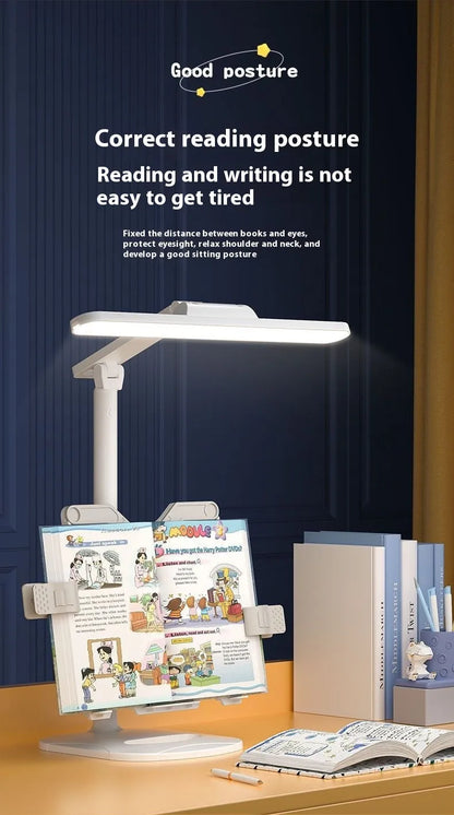 Multifunctional adjustable reading table lamp with colour temperature control on a bookshelf